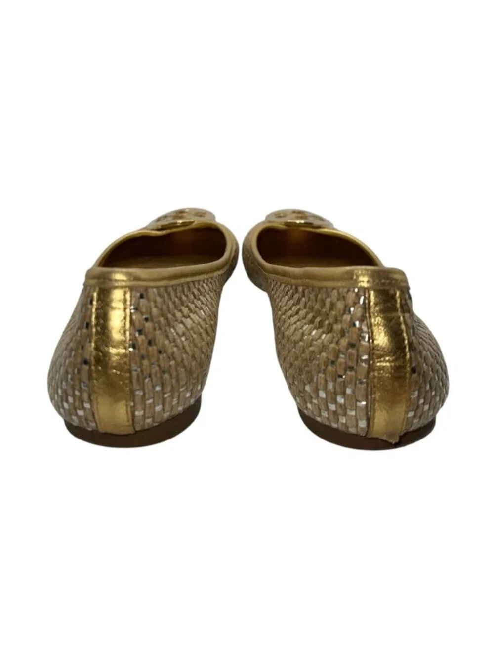 Tory Burch Reva Straw & Gold Leather Ballet Flats Medallion Women's Size 8 US
